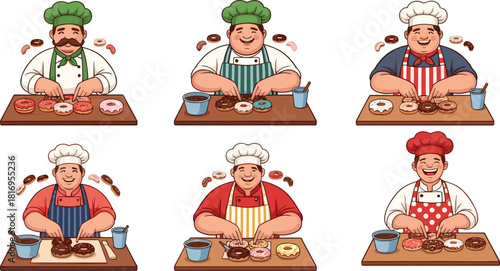 Chefs decorating colorful donuts in bakery kitchen, cartoon pastry makers preparing sweet treats, fun dessert illustration featuring icing, glaze, baking process