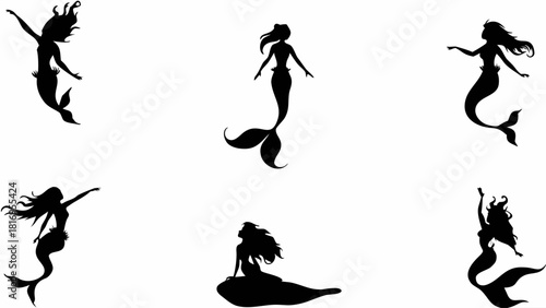 Enchanting mermaid silhouettes, fantasy vector art perfect for branding, logo design, or creative projects, evoking mythical feminine power and allure