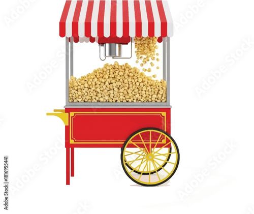 Fresh popcorn being made in a vintage popcorn machine on white background vector on isolated  white background.                      