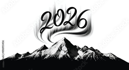 Black and artistic representation of year 2026 emerging as smoke or light above a mountain peak