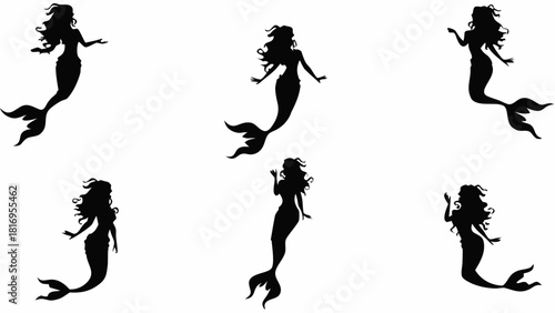 Enchanting mermaid silhouettes swimming gracefully with flowing hair, perfect for fairytale designs and magical underwater themes originally created as vector art