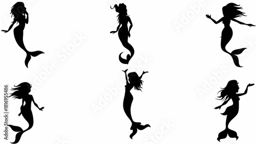 Enchanting mermaid silhouettes, a captivating collection for fantasy lovers, perfect for whimsical designs and magical storytelling, originally a scalable vector graphic