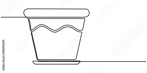 Flower pot continuous one line drawing, Continuous one line drawing of monstra plant in flower pot, minimalist botanical outline art illustration. 