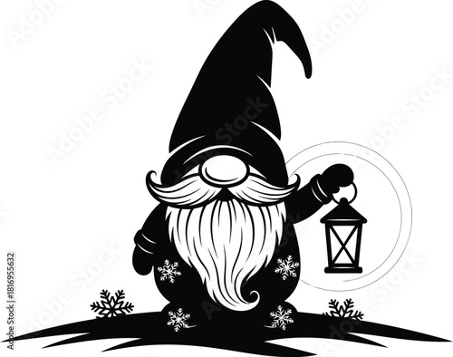 Black and silhouette illustration of a cute gnome holding a lantern with snowflakes