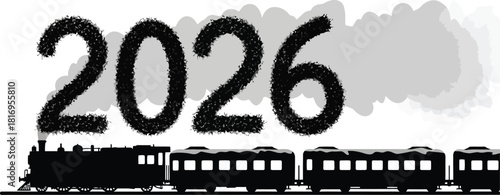 Silhouette of a steam locomotive pulling passenger car forming number 2026