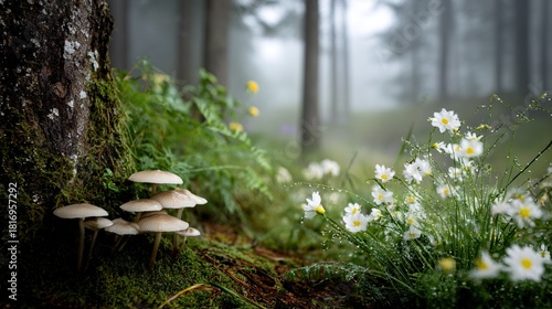   A group of mushrooms and daisies on a mossy tree stump in a forest