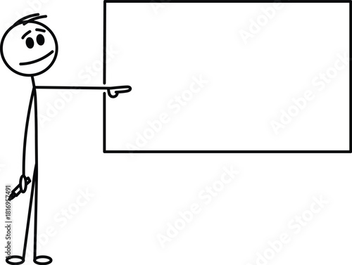 Stick man pointing at blank horizontal frame with pen, copy space for your message. Vector