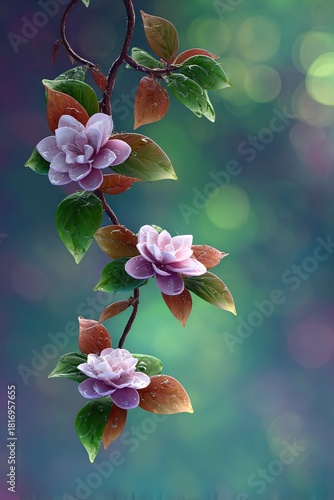   A tree with pink blooms and green foliage against a blue-green backdrop, blurred to create a bokeh effect