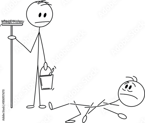 Stickman cleaning with broom and bucket, other stickman rests exhausted Vector