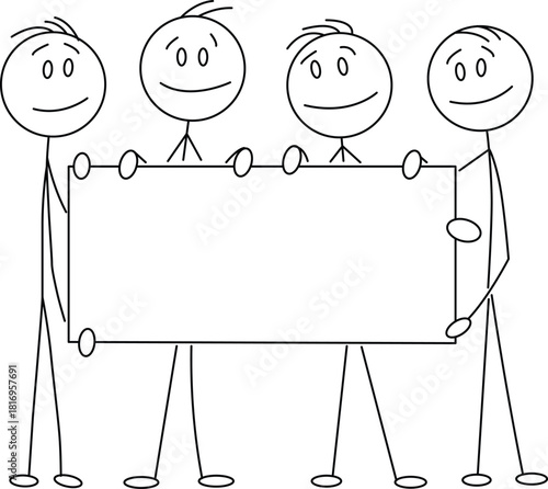 Four stick figures holding a large empty banner sign for text or message Vector