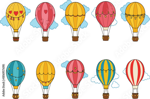 Colorful hot air balloons collection flying in a clear sky background