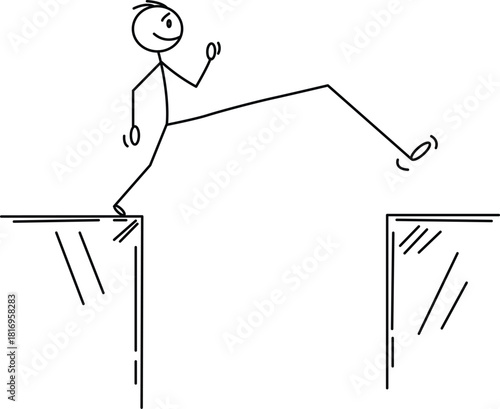 Stick figure cartoon man jumping across gap, symbolizing overcoming a challenge Vector