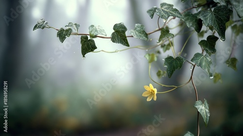   A sharp focus on a vine with vibrant leaves and a sunny bloom centered in the image, set against a soft blurred backdrop