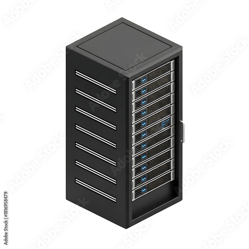 3D server rack tower icon. Isometric view of a modern server rack cabinet with a closed door isolated on transparent background.