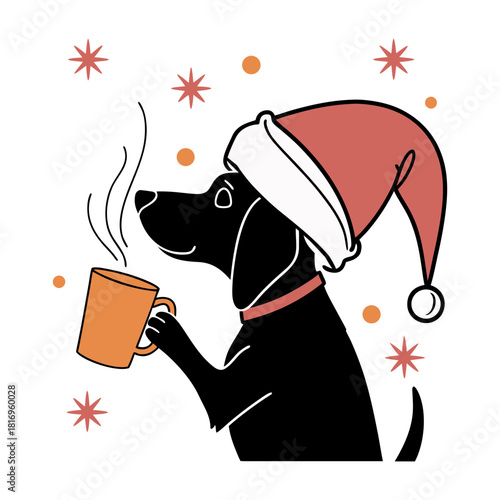 Cute black dog wearing a santa hat holding a warm mug