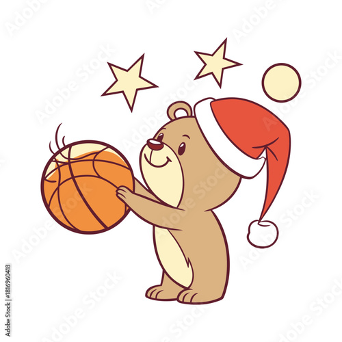 Cute cartoon bear wearing a santa hat holding a basketball