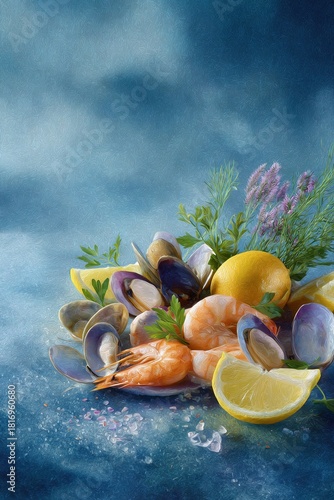 Shrimp, Clams, Lemons, & Lemon Wedges on Blue Background