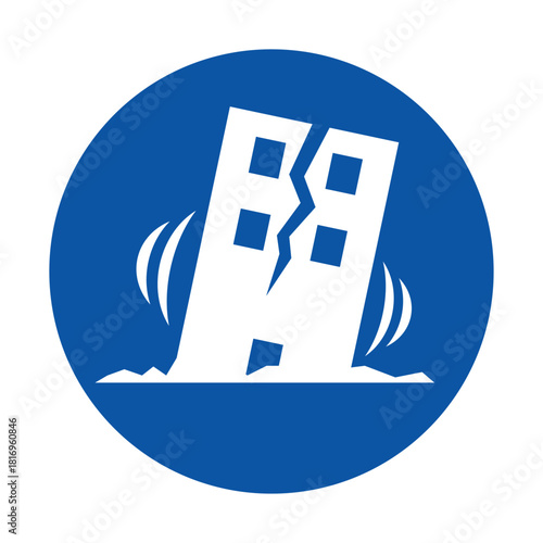 Earthquake Safety Sign Illustrating Structural Damage and Alarm Symbol