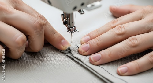 Hands sewing fabric with a sewing machine on light background  