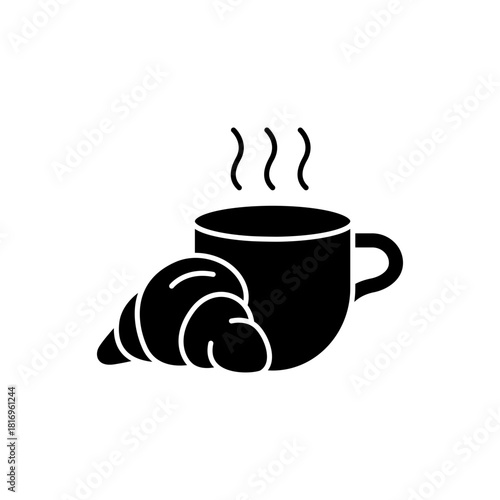 Coffee or tea and croissant icon set. Bread, pastry, crescent, food and drink breakfast or tea time concept. Vector illustration.