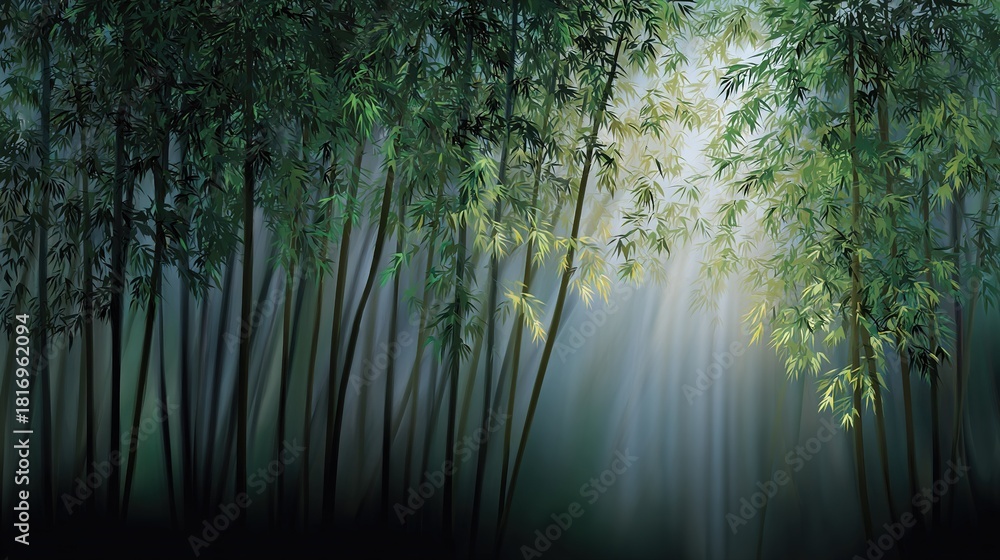 Obraz premium A painting showcases a bamboo forest bathed in sunlight, as the light filters through the tree leaves