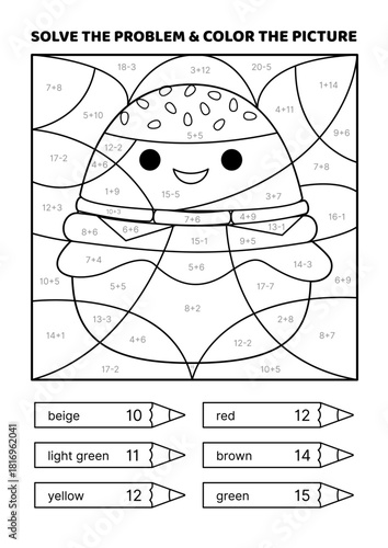 Solve the problem, color the picture. Kawaii cheeseburger. Black and white. Coloring book. Addition, Subtraction. Coloring book. Isolated vector illustration eps 10