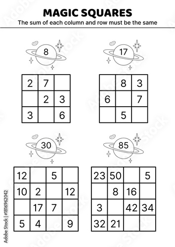 Black and white. Magic squares. Space, planet. Math puzzle game. The sum of each column and row must be the same. Fill in the missing numbers. Educational attention game for kids. Isolated vector illu
