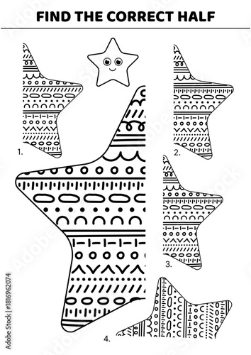 Star. Find the correct half of star. Black and white. Educational attention game for kids. Isolated vector illustration eps 10