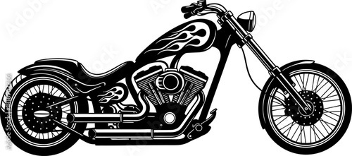 Black Chopper Motorcycle Flame Vector Illustration, Custom chopper motorcycle silhouette with flame designs and extended front fork creates classic american biker style ride
