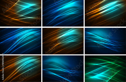 Abstract backgrounds feature flowing lines, vibrant colors. Blue, teal, orange dominate designs. Smooth gradients create dynamic visual effects.