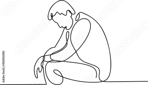 Continuous line drawing sad man alone concept.one line icon with out background