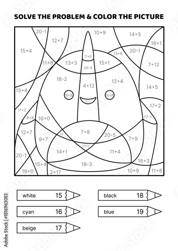 Solve the problem, color the picture. Kawaii narwhal. Black and white. Coloring book. Addition, Subtraction. Coloring book. Isolated vector illustration eps 10