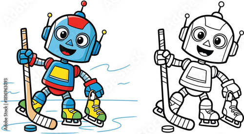 Cartoon robot playing ice hockey coloring book page vector illustration of a cute android holding a stick and skates on the ice rink for kids education