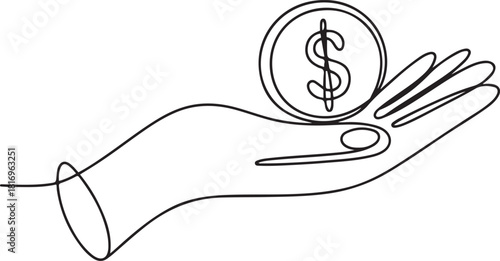Hand holding coin continuous one line drawing art. Dollar linear symbol. Savings money concept.one line icon with out background