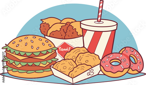 Fast Food Feast: Burger, Nuggets, Donuts & Drink Vector