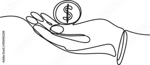 Hand holding coin continuous one line drawing art. Dollar linear symbol. Savings money concept.one line icon with out background