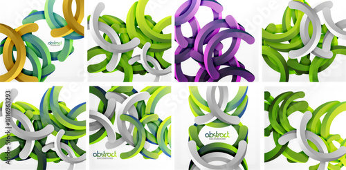 Colorful abstract designs feature intertwined shapes. Smooth curves create dynamic compositions, vibrant gradients present modern aesthetic.