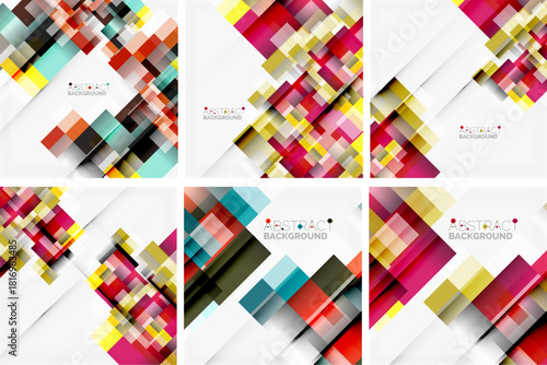 Geometric patterns, vibrant colors, modern design. Squares overlap creating dynamic visual texture. Bright backgrounds enhance shapes.