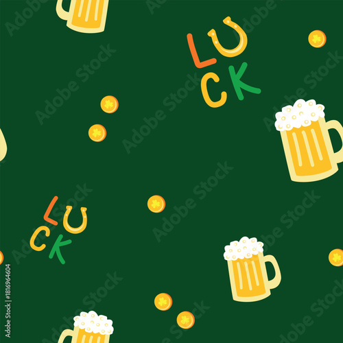 Green Seamless Pattern with Beer Mugs Coins and Lucky Letters