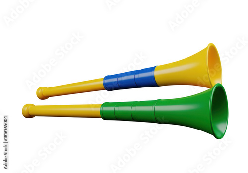 Two colorful vuvuzela horns isolated on transparent background for sporting events
