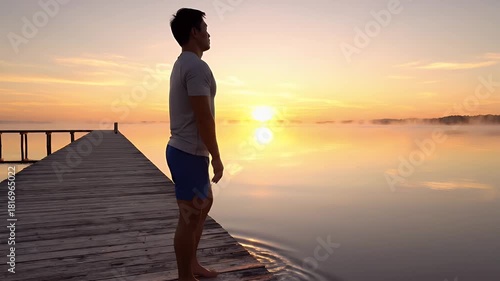 Wallpaper Mural A person standing on a wooden pier during sunset, gazing at the calm water with a serene sky in the background Torontodigital.ca