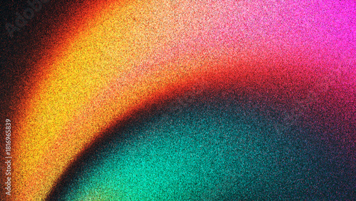 Soft abstract gradient with visible film grain texture and smooth flowing colors created from thousands of individual dots. Vibrant grainy gradient texture with glow effect for creative visual project