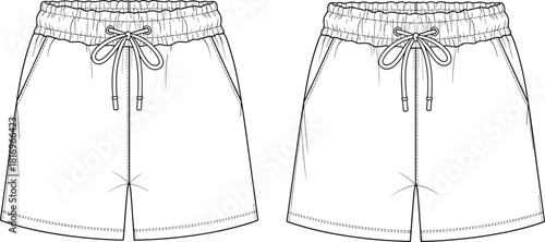 Athletic shorts technical fashion flat sketch template with elasticated drawstring waistband, side pockets, and slight leg vent, front and back view.