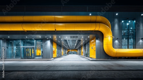 Urban industrial building at night featuring bold yellow gas pipes, highlighting city infrastructure and modern architectural design