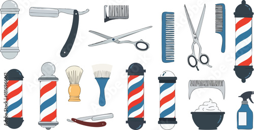 Barbershop tools and equipment illustration Old-fashioned shaving and haircut elements