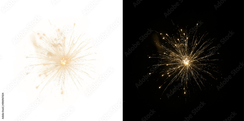 Fototapeta premium Champagne gold sparkles firework PNG. Magic glitter burst.