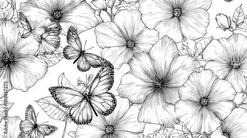  A black-and-white illustration featuring flowers surrounded by butterflies
