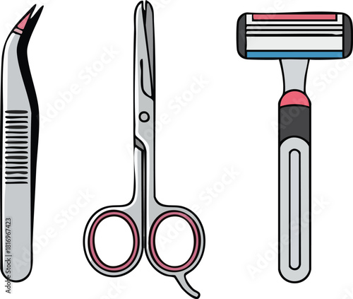Grooming Essentials Tweezers, Scissors, and Razor Illustration