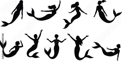 Ten Different Beautiful Mermaid Silhouettes Swimming Poses Black Vector Illustration Set, Mythical Ocean Creature Collection, Nautical Fantasy Concept, Water Elemental Fairy Tale Characters