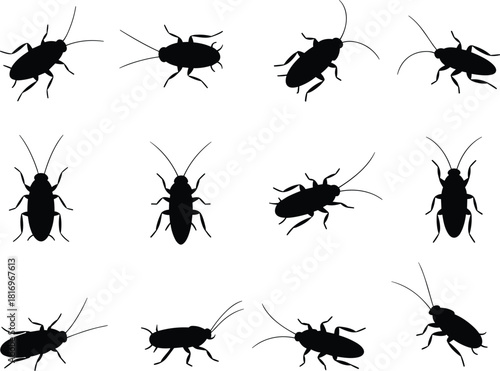 Black Cockroach Pests Silhouette Vector Set, Twelve Individual Roaches Infesting Home or Kitchen, Pest Control Problem, Unsightly Dirty Insect Nuisance
